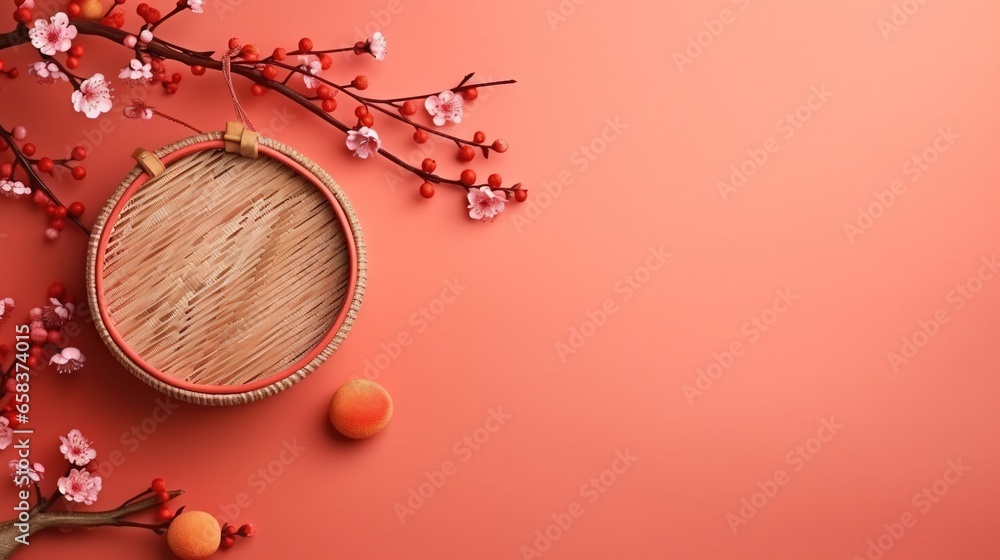 Poster a basket with a handle and some fruit on a pink background. generative ai
