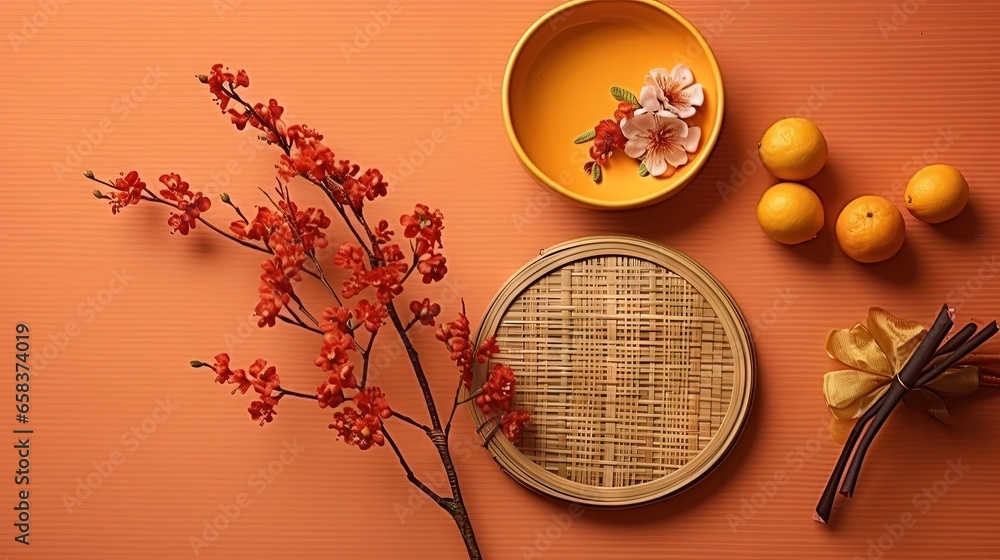 Poster a bunch of oranges and some flowers on a table. generative ai
