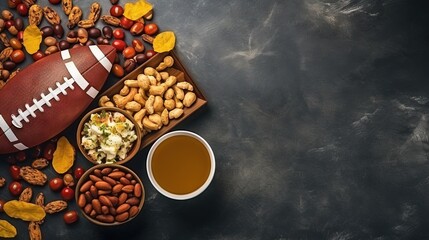 Obraz na płótnie Canvas a football, a bowl of nuts, a bowl of dip, and a bowl of fruit. generative ai