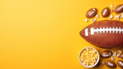  a football, bowl of macaroni and cheese, and a bowl of popcorn on a yellow background.  generative ai - obrazy, fototapety, plakaty