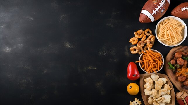  a football and other foods are arranged on a black surface.  generative ai