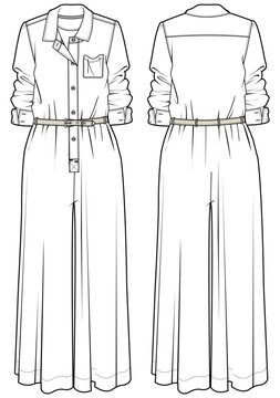 button-down jumpsuit front and back view clip art preview
