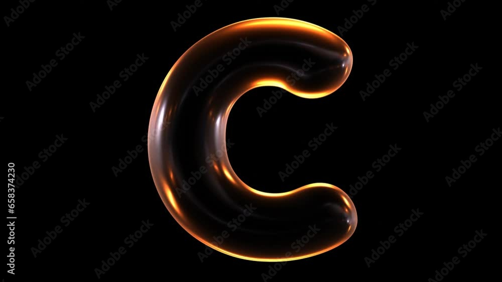 Poster animation of glowing alphabet letter c isolated on black background in 3d rendering.