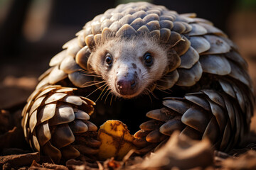 A charming pangolin, the world's most trafficked mammal, curling into a defensive ball in Africa or Asia. Generative Ai. - obrazy, fototapety, plakaty