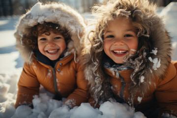 Children joyfully making snow angels in freshly fallen snow on Christmas morning. Generative Ai.