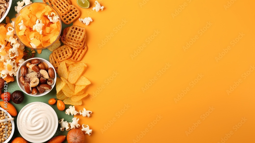 Poster a variety of snacks are arranged on a yellow background with a place for a text. generative ai