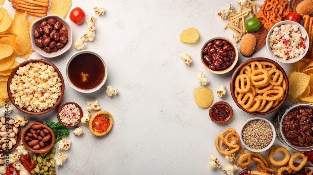 Poster a table topped with bowls of snacks and snacks on top of it. generative ai