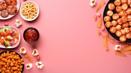  a pink background with bowls of food and snacks on it.  generative ai