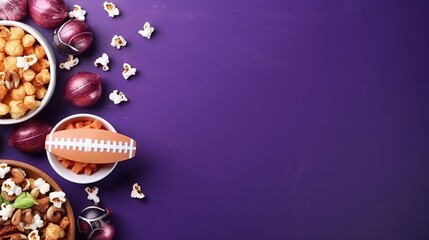  a bowl of popcorn, a football, and other snacks on a purple background.  generative ai