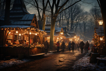 Fototapeta premium The twinkling lights of a small town's Christmas market, with stalls selling handmade ornaments and gifts. Generative Ai.