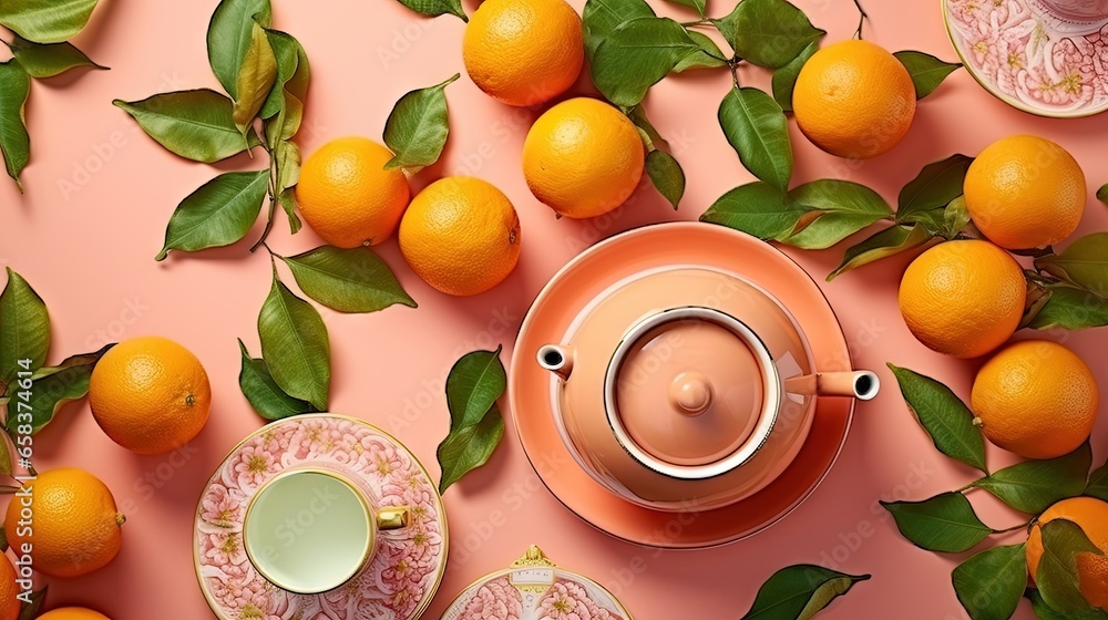 Poster a tea set with oranges on a pink background with leaves. generative ai