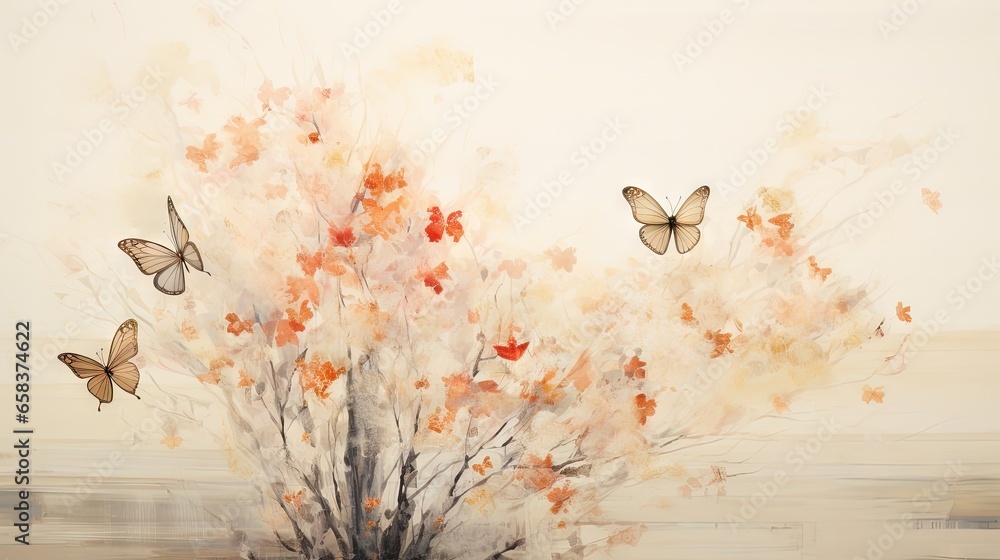 Poster a painting of a tree with many butterflies flying around it. generative ai