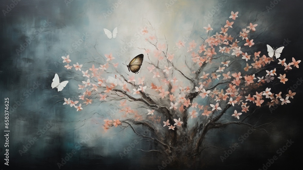 Poster a painting of a tree with a butterfly on it's branch. generative ai