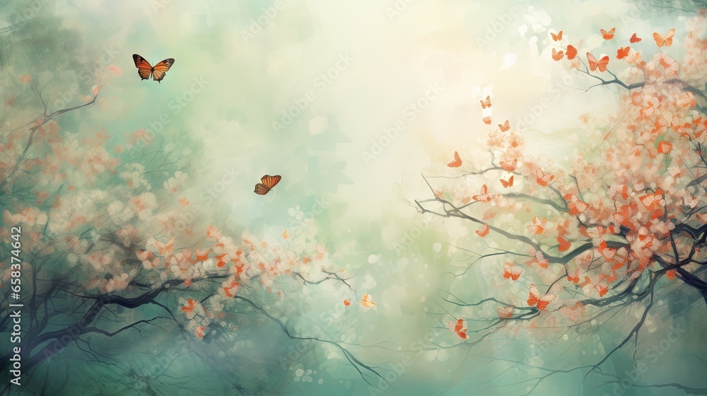 Poster a painting of a tree with butterflies flying over it in the sky. generative ai