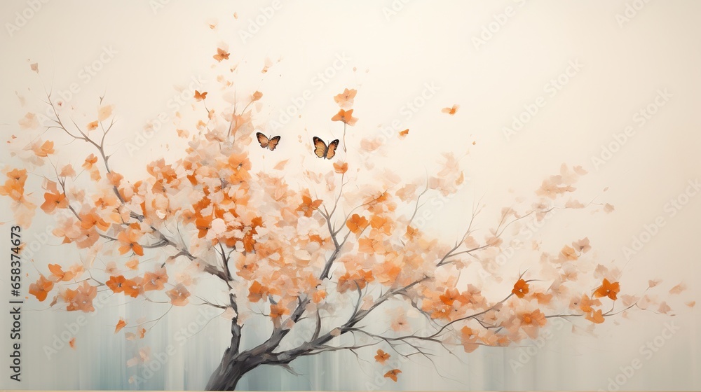 Poster a painting of a tree with two butterflies flying over it. generative ai