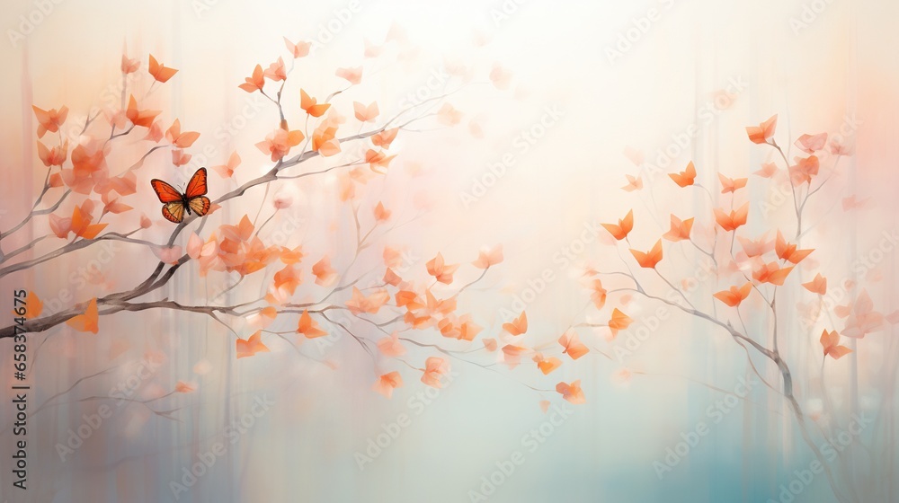 Poster a painting of a tree with a butterfly on it's branch. generative ai