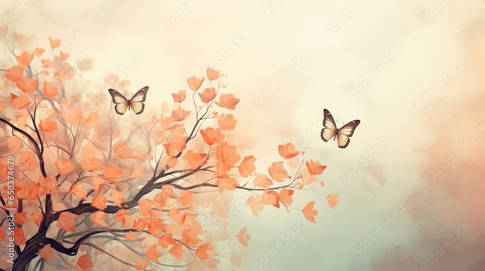 Poster a painting of a tree with two butterflies flying over it. generative ai