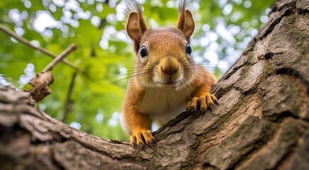 Naklejka na ściany i meble close-up of cute squirrel in the park, cute squirrel in the forest, squirrel in the woods, close-up of pretty squirrel