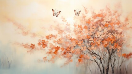  a painting of a tree with two butterflies flying over it.  generative ai