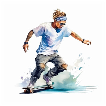 Skateboarding freestyle watercolor painted ilustration