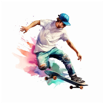  Skateboarding freestyle watercolor hand painted ilustration