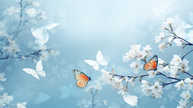  two butterflies flying over a branch of a tree with white flowers.  generative ai