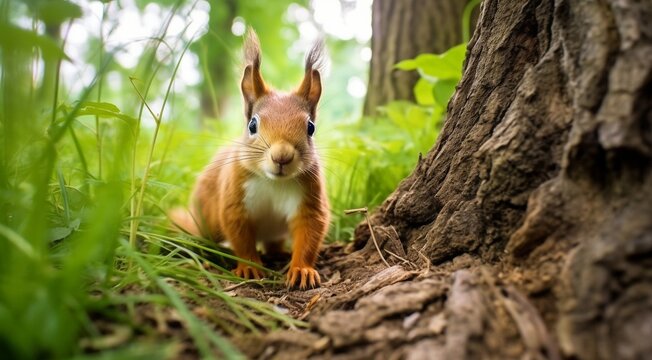 close-up of cute squirrel in the park, cute squirrel in the forest, squirrel in the woods, close-up of pretty squirrel © Gegham