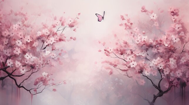  a painting of a pink tree with a butterfly flying over it.  generative ai