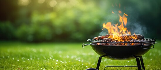 Flame on grass barbecue grill backdrop - obrazy, fototapety, plakaty