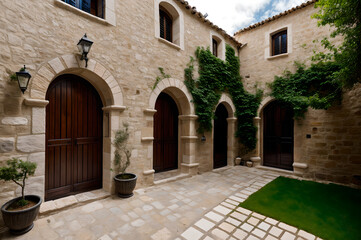 Fototapeta na wymiar A stone-walled courtyard featuring entrances with rustic wooden doors.