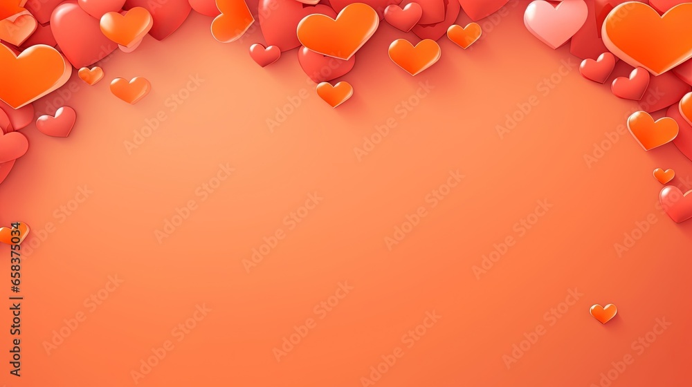 Poster a bunch of red hearts on an orange background with space for text. generative ai