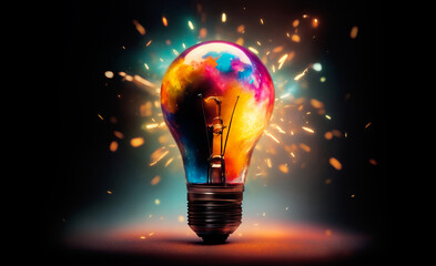 Colorful light bulb with sparks