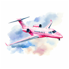  Pink Private jet watercolor painting ilustration