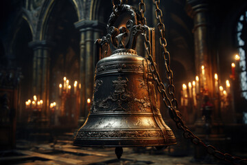 The church bell, hanging high in the bell tower, tolling to call worshipers to service. Generative Ai. - 658375085