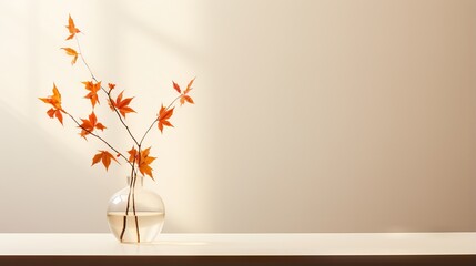  a white vase with orange leaves on a white table top.  generative ai