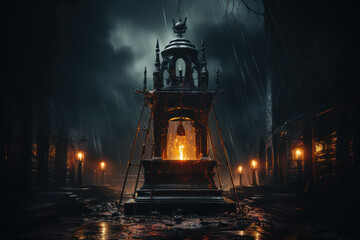 Fototapeta premium A church's bell tower illuminated at night, creating a striking silhouette against the dark sky. Generative Ai.