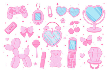 Cute kawaii glamour set. Pink women's accessories. Teenage girly style. Nostalgic pinkcore 2000s style. Lipstick, glasses, ticket, lollipop ring, jelly bears gummy, flip phone.