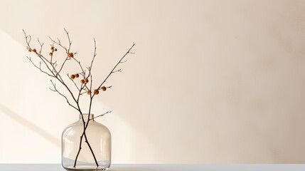  a glass vase with a branch in it on a table.  generative ai