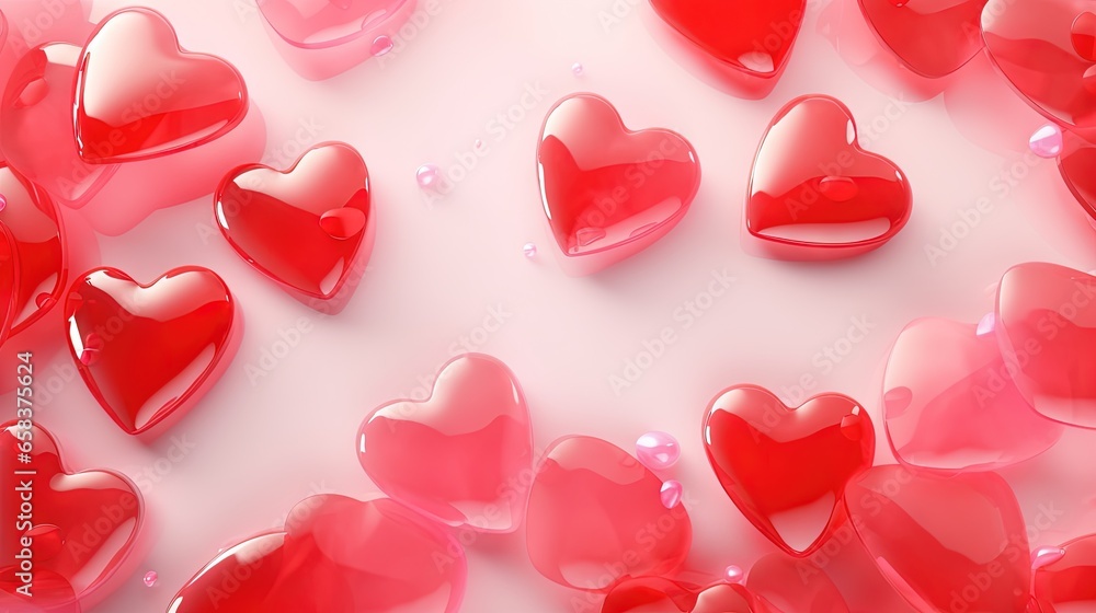 Poster a group of red hearts floating in the air on a white surface. generative ai