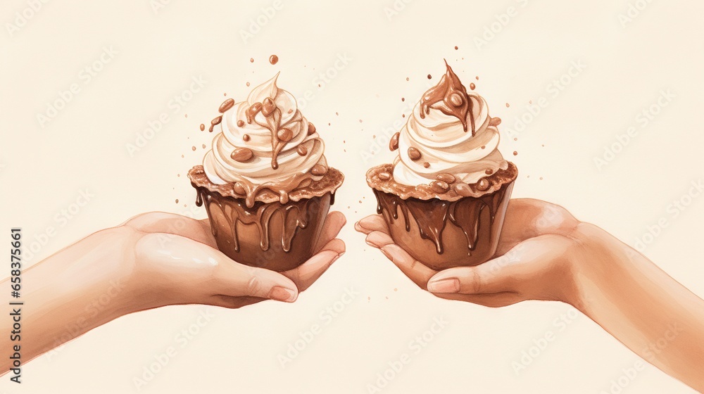 Poster two hands holding two cupcakes with frosting on them. generative ai