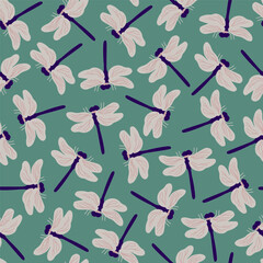 Seamless pattern with flying dragonflies on green background. Dragonflies repeat pattern for textile, fashion, paper design. Colorful spring summer garden vector illustration.