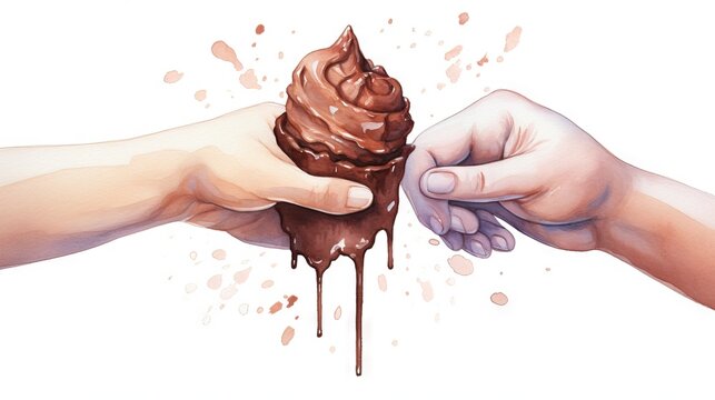  a painting of two hands holding a chocolate ice cream cone.  generative ai
