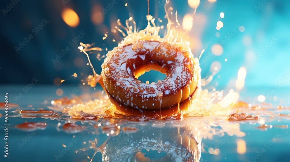 Poster a donut with icing and sprinkles on a table. generative ai