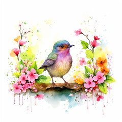 Bird on flower branch watercolor paint