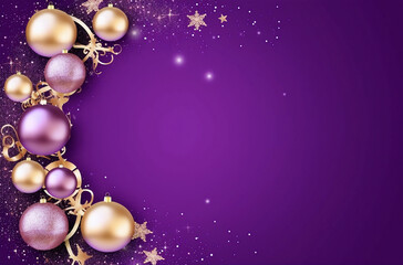 Black and golden Christmas background with balls on a purple background.