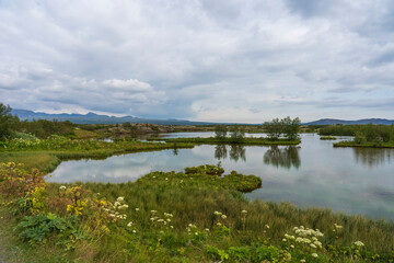 Öxará Lake, a lake-to-lake river in Iceland in Þingvellir National Park, Thingvillir National Park. Iceland.
