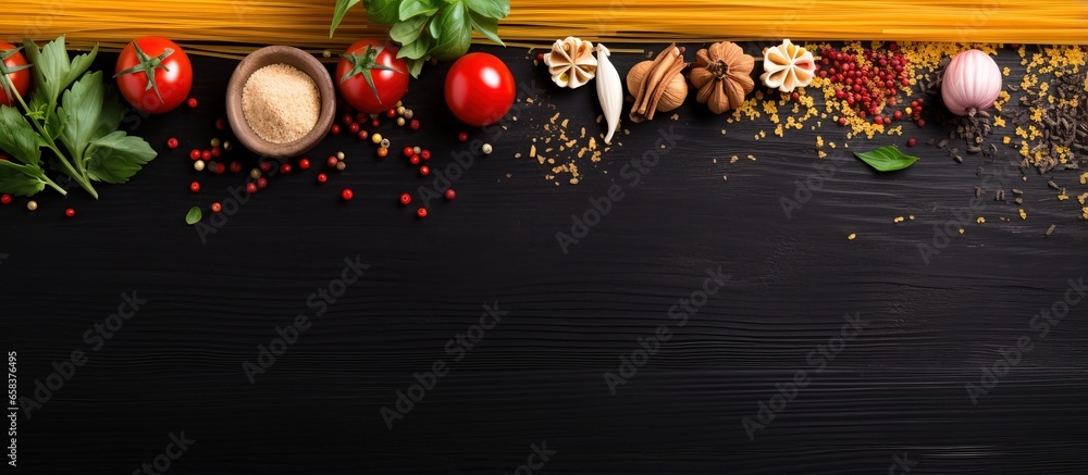 Poster black table with various foods menu concept copy space for text top view