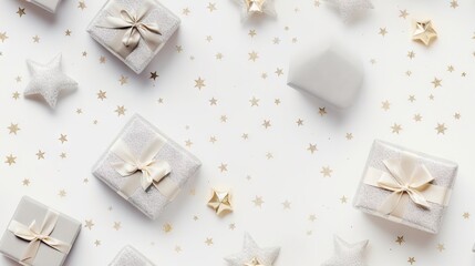  a group of wrapped presents with bows and stars around them.  generative ai