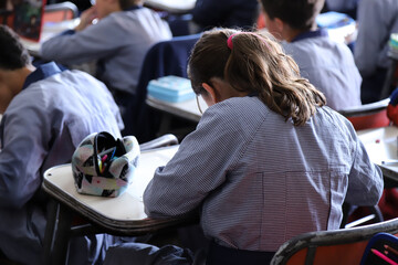 Students doing homework in the classroom. Boys and girls in classes. Primary school students in...