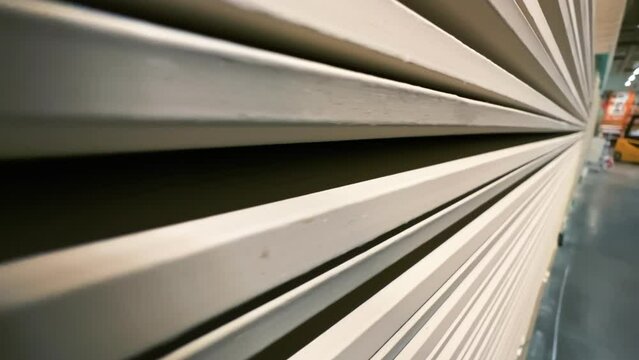Plasterboard boards or sheetrock stacked in a warehouse of a hardware store or factory. Extreme close-up.  Wide angle shot
